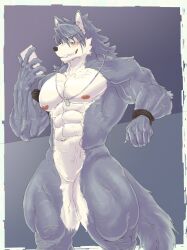  1boy abs absurdres animal_ears blush claws commentary_request completely_nude dog_boy dog_ears dog_tail furry furry_male highres holding holding_phone kouya_aotsuki male_focus morenatsu muscular muscular_male navel nipples no_penis nude pectorals phone smile tail yunu38 