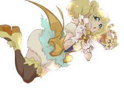  1girl bare_shoulders black_corset black_thighhighs blonde_hair blunt_bangs bow bowtie brooch bubble_skirt cat coattails collared_shirt cone_hair_bun corset cure_sparkle detached_sleeves double_bun eyelashes falling finger_gun floating_clothes frilled_thigh_strap full_body fur_skirt fur_sleeves gloves green_eyes hair_bun healin&#039;_good_precure high_collar high_heels highres hiramitsu_hinata jewelry looking_at_viewer magical_girl medium_hair miniskirt nyatoran_(precure) open_mouth orange_bow orange_bowtie orange_shirt precure puffy_short_sleeves puffy_sleeves pumps shipu_(gassyumaron) shirt shoes short_sleeves short_twintails simple_background skirt sleeveless sleeveless_shirt sparkle star_brooch thigh_strap thighhighs twintails wavy_hair white_background white_gloves white_skirt white_sleeves yellow_shoes 