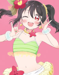  1girl ;d absurdres bead_necklace beads bikini black_hair blush flat_chest flower green_bikini green_nails hair_flower hair_ornament highres jewelry looking_at_viewer love_live! love_live!_school_idol_project navel necklace nico_nico_nii one_eye_closed open_mouth osono_(osonokichi) pink_background red_eyes red_flower simple_background smile solo swimsuit twintails upper_body yazawa_nico 