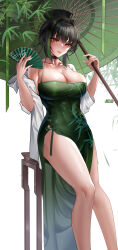  1girl absurdres bamboo bare_shoulders black_hair breasts china_dress chinese_clothes chinese_commentary cleavage dress feet_out_of_frame fingernails floral_print folding_fan green_nails green_theme green_umbrella hand_fan hanying_(pgr) highres holding holding_fan holding_umbrella large_breasts leaning_back looking_at_viewer mole mole_under_eye nail_polish oil-paper_umbrella pelvic_curtain punishing:_gray_raven red_eyes sharp_fingernails sleeveless sleeveless_dress smll233 solo umbrella white_background 
