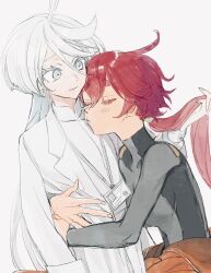  2girls black_shirt blush closed_eyes closed_mouth commentary_request earrings grey_eyes gundam gundam_suisei_no_majo hand_in_another&#039;s_hair highres hug id_card jewelry lab_coat long_hair miorine_rembran multiple_girls pa_(0127dr) parted_lips ponytail red_hair shirt simple_background smile suletta_mercury thick_eyebrows white_background white_hair white_shirt yuri 
