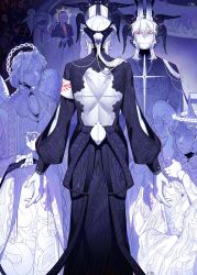  4boys absurdres angel angel_wings animal_ears backless_outfit colored_skin crrn feathered_wings halo head_wings highres long_hair long_sleeves looking_at_another low-tied_long_hair mirror multiple_boys original puffy_long_sleeves puffy_sleeves rabbit_ears red_eyes reflection rei_(crrn) scar scar_on_back smile standing stole uriel_(crrn) white_skin wings 