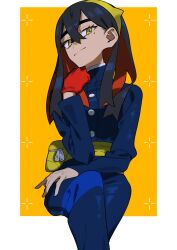  1girl aoi_(altea0923) black_hair blue_jacket blue_pants buttons carmine_(pokemon) closed_mouth colored_inner_hair commentary_request crossed_bangs eyelashes fanny_pack gloves hair_behind_ear hair_between_eyes hairband highres jacket long_hair long_sleeves mole mole_under_eye multicolored_hair nintendo pants pokemon pokemon_sv red_gloves single_glove sitting smile solo yellow_background yellow_bag yellow_eyes yellow_hairband zipper_pull_tab 