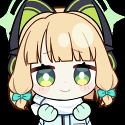  1girl :q animal_ear_headphones animal_ears animated animated_gif aqua_jacket blinking blonde_hair blue_archive blunt_bangs blunt_ends blush_stickers bow bright_pupils cat_ear_headphones cat_ears chunye_haruya closed_mouth commission disembodied_hand dot_nose fake_animal_ears gloves green_bow green_eyes green_gloves green_halo hair_bow halo headphones jacket looking_at_viewer low-tied_sidelocks lowres midori_(blue_archive) midori_(winter)_(blue_archive) missing_commentary official_alternate_costume scarf second-party_source short_hair sidelocks simple_background smile solo text_print tongue tongue_out transparent_background upper_body white_pupils white_scarf winter_clothes 