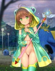 1girl ahoge animal_hood blush brown_hair building cardcaptor_sakura cleft_of_venus cloud coat cowboy_shot detached_sleeves exhibitionism facing_viewer female_focus frog_hood green_coat green_eyes green_thighhighs hair_ornament hairclip highres hood hood_up kinomoto_sakura lamppost legs_together light_smile loli looking_at_viewer mutsuki_(moonknives) naked_coat naked_raincoat night no_panties nude_filter open_clothes open_coat outdoors park playground public_indecency pussy rain raincoat short_hair smile solo standing thighhighs third-party_edit tree uncensored wand yume_no_tsue rating:Explicit score:252 user:sytalidis