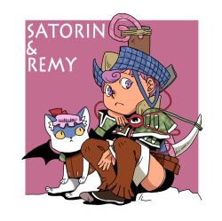  1girl alternate_costume animalization black_shorts boots brown_boots cat character_name closed_mouth commentary_request expressionless felyne full_body komeiji_satori looking_at_viewer monster_hunter_(series) monster_hunter_portable_2nd_g onikobe_rin purple_background purple_eyes purple_hair remilia_scarlet short_hair shorts sitting solo thigh_boots third_eye touhou two-tone_background white_background 