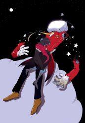  1boy 1other ant_tenna armor black_bodysuit black_hair black_pants bodysuit cable cape chidori_(penguin_matsuno) crt deltarune full_body full_moon gloves highres humanoid_robot kris_(dark_world)_(deltarune) kris_(deltarune) mechabare moon necktie object_head pants red_cape robot shoes short_hair size_difference spoilers star_(sky) star_(symbol) tailcoat torn_clothes white_gloves yellow_necktie yellow_shoes 