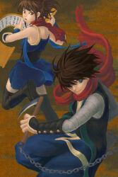  1boy 1girl arm_wrap black_shirt blue_dress blue_eyes blue_pants brown_background brown_eyes brown_hair chain closed_mouth commentary_request dress full_body hachi_(kuro8383) holding holding_scroll holding_sickle kusarigama looking_at_viewer ninja ninja_(ragnarok_online) obi open_mouth pants ragnarok_online red_scarf sash scarf scroll shirt short_hair sickle sleeveless sleeveless_dress smile vambraces weapon 