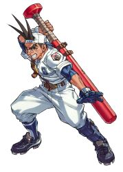  1boy backwards_hat bandaid bandaid_on_face bandaid_on_nose baseball_bat baseball_cap baseball_jersey baseball_uniform belt brown_hair cleats edaki_shin&#039;ya fighting_stance game_cg gloves grin hat highres holding holding_baseball_bat jersey justice_gakuen male_focus moero!_justice_gakuen non-web_source official_art over_shoulder sawamura_shouma simple_background single_glove single_shin_guard smile solo sportswear standing thick_eyebrows weapon weapon_over_shoulder white_background 