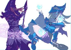  1boy 1girl armor blue_boots blue_hat boots breasts cleavage dark_magician dark_magician_girl duel_monster hat holding holding_staff layeyes looking_at_viewer pink_skirt purple_armor showgirl_skirt skirt staff wizard_hat yu-gi-oh! 
