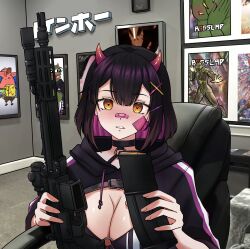 1girl absurdres bandaid bandaid_on_cheek bandaid_on_face bandaid_on_nose banefury bikini black_choker black_hair black_hoodie boy&#039;s_club breasts chair choker cleavage colored_inner_hair cr1tikal demon_horns gun hair_ornament highres holding holding_gun holding_magazine_(weapon) holding_weapon hood hood_down hoodie horns indie_virtual_youtuber large_breasts magazine_(weapon) medium_breasts meme multicolored_hair o-ring o-ring_bikini patrick_star pepe_the_frog pink_hair rainhoe rifle second-party_source sneako_vs_moistcr1tikal_(meme) solo_focus spongebob_squarepants spongebob_squarepants_(series) swimsuit upper_body virtual_youtuber weapon x_hair_ornament yellow_eyes 