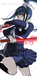 1girl black_eyes black_hair black_skirt female_focus holy_jumonji_sword magadori_kyoshika multicolored_eyes one_leg_raised pleated_skirt ponytail red_eyes simple_background skirt syumiya24 the_hundred_line_-last_defense_academy- white_background