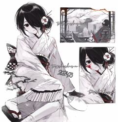  1girl blood blood_on_face commentary commission geta hair_over_one_eye hand_fan holding holding_fan looking_at_viewer multiple_views obi original sash short_hair shuishuisama simple_background sitting white_background 