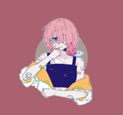  1girl alternate_hairstyle aubrey_(faraway)_(omori) aubrey_(omori) bandaid bandaid_on_arm bandaid_on_face blue_eyes blue_ribbon closed_mouth collarbone crop_top crying crying_with_eyes_open hair_over_one_eye hair_ribbon highres jacket long_hair looking_at_viewer omori pink_hair point_0d red_background ribbon short_sleeves simple_background solo tears upper_body white_jacket 