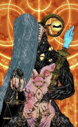  1boy balance_scale black_nails body_piercings cowboy_shot disembodied_eye elden_ring elden_ring_nightreign extra_eyes goat_horns goat_legs highres horizontal_pupils horns lantherodon libra_(elden_ring) mage_staff monster monster_focus orange_background sigil solo veil very_big_eyes weighing_scale 