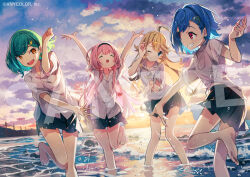  4girls :d ;) ^_^ ahoge arms_up barefoot black_hairband black_skirt blonde_hair blue_eyes blue_hair bob_cut center-flap_bangs closed_eyes cloud copyright_notice dolphin_hair_ornament earrings feet_out_of_frame foot_out_of_frame green_hair grin hair_behind_ear hair_between_eyes hair_flaps hair_ornament hairband hairclip hand_up jewelry kitakoji_hisui long_hair looking_at_another low_twintails mole mole_on_thigh multiple_girls nijisanji nishizono_chigusa nitanda_cona ocean official_art one_eye_closed open_hand open_mouth orange_eyes outdoors outstretched_arm pink_hair pleated_skirt power_lines red_eyes sample_watermark school_uniform selene_girls_school_(nijisanji) sharp_teeth shirt short_hair sideways_glance skirt smile splashing standing standing_on_one_leg sunset suo_sango swept_bangs teeth tied_shirt todo_kohaku twintails untucked_shirt virtual_youtuber wading watermark white_shirt wing_collar 
