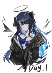  1girl absurdres ambience_synesthesia arknights black_halo black_horns blue_eyes blue_gloves blue_hair chinese_commentary colored_inner_hair commentary_request cropped_torso gloves halo hand_up highres horns long_hair long_sleeves mostima_(arknights) mostima_(ethereal_harmony)_(arknights) multicolored_hair official_alternate_costume purple_hair sikadi_shigaoshou simple_background solo traditional_halo two-tone_hair white_background 