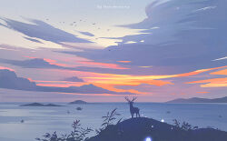  animal antlers artist_name bird boat cloud cloudy_sky deer evening horizon horns huhv. mountainous_horizon no_humans ocean original outdoors scenery sky sunset water watercraft 