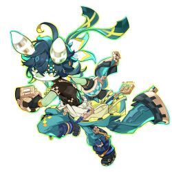  1boy ahoge animal_ears aqua_pants arm_tattoo black_hair black_shirt commentary furrification furry furry_male genshin_impact green_eyes green_hair green_headband hair_between_eyes headband highres kinich_(genshin_impact) looking_at_viewer male_focus melusine_(genshin_impact) multicolored_hair pants shirt short_hair short_sleeves simple_background sneeze_(snze) solo tattoo twitter_username white_background 