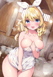  &gt;:d 1girl :d areola_slip bare_shoulders blonde_hair blue_eyes blush bow braid breasts cleavage clothes_pull collarbone cowboy_shot dutch_angle facing_viewer hair_bow hairband highres hikotou_(sao73cat) huge_bow indoors large_breasts long_hair looking_at_viewer messy_hair naked_towel onsen open_mouth original shiny_skin side_braid smile solo standing steam thigh_gap thighs towel wet white_bow window wooden_wall 