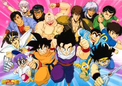  1980s_(style) 2girls 6+boys 6+girls amano_ai armor black_hair captain_tsubasa character_request company_connection crossover dai_(dragon_quest) dr._slump dragon_ball dragon_quest dragon_quest_dai_no_daibouken full_armor glasses highres hokuto_no_ken holding holding_sword holding_weapon jumping kenshiro kinniku_suguru kinnikuman kinnikuman_(character) kochikame maeda_taison manly medium_hair multiple_boys multiple_girls muscular norimaki_arale oldschool one_eye_closed oozora_tsubasa pectorals pegasus_seiya retro_artstyle rokudenashi_blues running ryotsu_kankichi saint_seiya salute scan school_uniform shonen_jump smile son_gohan son_goku spiked_hair sword toei_animation urameshi_yuusuke video_girl_ai weapon wink wrestling wrestling_mask yuu_yuu_hakusho 