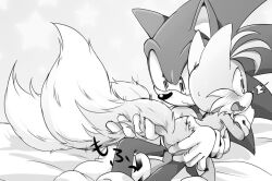  ass ass_focus bed bed_sheet blush child embarrassed fox grabbing_another&#039;s_ass groping hand_on_ass hedgehog lying misuta710 multiple_tails sega shota sitting sonic_(series) sonic_the_hedgehog tail tails_(sonic) two_tails 