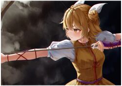  1girl absurdres anaglyph arm_guards arm_ribbon arrow_(projectile) blonde_hair border bow_(weapon) commentary_request double_bun drawing_bow dress eyeliner hair_bun hair_ribbon highres holding holding_bow_(weapon) holding_weapon joutouguu_mayumi looking_afar makeup puffy_short_sleeves puffy_sleeves red_eyeliner red_ribbon ribbon shirt short_hair short_sleeves solo touhou upper_body weapon white_border white_ribbon white_shirt xiaoxijino yellow_dress yellow_eyes 