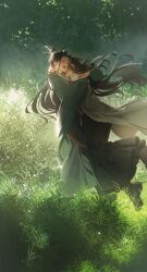  2boys absurdres black_boots black_hair black_hanfu blush boots chinese_clothes closed_eyes coat commentary couple curly_hair day english_commentary floating_hair grass green_hanfu green_ribbon hanfu highres hug long_hair long_sleeves luo_binghe male_focus multiple_boys nature open_mouth outdoors profile renzha_fanpai_zijiu_xitong ribbon ribboned_xiao_guan robe shen_qingqiu sidelighting smile standing topknot white_coat wide_sleeves xiao_guan_(headdress) yaoi young57440489 