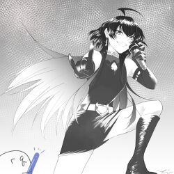  1boy \n/ belt black_boots black_eyes black_gloves black_hair black_pantyhose black_skirt boots choker cowlick crossdressing crossdressing_(mtf) detached_sleeves diamond_cutout earrings fishnet_top fishnets gloves halftone highres holding holding_microphone jewelry knee_boots leg_up liu_wei long_hair looking_to_the_side mairimashita!_iruma-kun microphone pantyhose ring screentones skirt solo solo_focus sparkle suzuki_iruma trap 