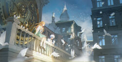  2girls against_railing analog_clock ankle_socks ayanami_rei balcony bird bird_on_hand blue_eyes blue_hair blue_skirt blue_sky clock clock_tower closed_mouth european_architecture expressionless full_body highres loafers long_hair multiple_girls neck_ribbon neon_genesis_evangelion on_railing orange_hair outdoors parted_lips peachumi railing red_eyes red_ribbon ribbon school_uniform shirt shoes short_hair short_sleeves sitting skirt sky socks souryuu_asuka_langley suspender_skirt suspenders tokyo-3_middle_school_uniform tower white_bird white_shirt white_socks window 