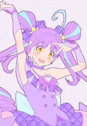 1girl back_bow blue_bow bow bowtie brooch choker commentary cure_kyunkyun dress dress_bow earrings gloves hair_bow half_gloves headset heart heart_brooch highres jewelry kazuma_muramasa kimi_to_idol_precure large_bow long_hair looking_at_viewer magical_girl multicolored_hair off-shoulder_dress off_shoulder open_mouth polka_dot polka_dot_background precure purple_background purple_bow purple_bowtie purple_choker purple_dress purple_gloves purple_hair shigure_kokoro single_bare_shoulder smile solo standing twintails two-tone_hair two_side_up v v_over_eye yellow_eyes rating:General score:3 user:danbooru