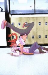 2girls 7shi_ro abs black_hairband black_pants black_shoes blush closed_eyes closed_mouth clothes_lift commentary english_commentary gundam gundam_suisei_no_majo hairband handstand highres indoors jacket locker long_hair miorine_rembran multiple_girls muscular muscular_female pants photo-referenced ponytail red_hair red_shoes school shirt shirt_lift shoes short_sleeves smile suletta_mercury white_hair white_jacket white_shirt yuri 