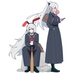 2girls absurdres alternate_costume animal_ear_hairband animal_ears bag baseball_cap black_boots black_serafuku black_shirt black_skirt blowing_bubble_gum boots chewing_gum commentary dark-skinned_female dark_skin delinquent fake_animal_ears full_body girls&#039;_frontline girls&#039;_frontline_2:_exilium hairband hand_in_pocket hat highres holding krolik_(girls&#039;_frontline_2) long_hair long_skirt looking_at_viewer multiple_girls myticalcat necktie nemesis_(girls&#039;_frontline_2) purple_eyes purple_necktie rabbit_ears red_eyes red_necktie rock school_bag school_uniform serafuku shirt simple_background sitting skirt standing sukeban white_background white_hair 