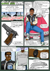  1boy axel_foley beverly_hills_cop boxcutter browning_hi-power car dark-skinned_male dark_skin detroit_lions english_text facial_hair fn_herstal gun handgun helmet jacket japanese_text knife lion mercedes-benz motor_vehicle mustache muta_koji palm_tree pistol sports_jacket story_time_(muta_koji) sunglasses translation_request tree watch weapon weapon_focus weapon_name weapon_profile 