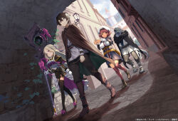  2boys 2girls belt_pouch black_cloak black_eyes black_hair black_ribbon black_thighhighs blonde_hair boots breasts brown_cloak brown_eyes cloak dark-skinned_female dark_skin dougi full_body gloves hat high_heels holding holding_staff holt_(mahoutsukai_reimeiki) hood hooded_jacket ivy iwasaki_takashi jacket kudd_(mahoutsukai_reimeiki) large_breasts lizard_tail lizardman long_hair long_sleeves loux_christasse mahoutsukai_reimeiki multiple_boys multiple_girls obi open_clothes open_jacket open_mouth pink_ribbon pink_thighhighs pouch purple_eyes ribbon sable_(mahoutsukai_reimeiki) sandals sash shirt short_hair smile staff standing tail thighhighs thighs town tunnel very_long_hair walking white_hat 