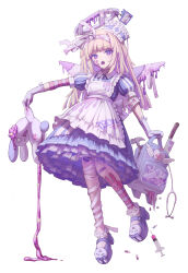  1girl apron backpack bag bandaged_leg bandages blonde_hair blood blue_dress blue_shoes bow dress full_body gloves gurokawa halo hat heart highres holding holding_bag holding_stuffed_toy intestines lolita_fashion long_hair looking_at_viewer melting_halo nurse_cap open_mouth original osobachan petticoat pill puffy_short_sleeves puffy_sleeves purple_eyes shoes short_sleeves simple_background standing stitches stuffed_animal stuffed_rabbit stuffed_toy sweet_lolita syringe white_apron white_background white_gloves yami_kawaii 