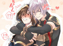  ! !? 2boys ? armor bishounen blush breastplate brown_background brown_hair closed_mouth doushite elbow_gloves fingerless_gloves gloves gold_trim granblue_fantasy grey_hair hair_between_eyes heart hood hood_up hug hug_from_behind lucifer_(shingeki_no_bahamut) male_focus multiple_boys red_eyes sandalphon_(granblue_fantasy) short_hair shoulder_armor sketch spoken_exclamation_mark spoken_question_mark upper_body yaoi 
