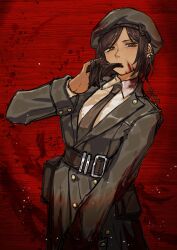  1girl belt blood blood_on_clothes blood_on_face brown_belt brown_eyes brown_hair brown_necktie closed_mouth coat collared_shirt dark-skinned_female dark_skin earrings green_coat green_hat hat highres jewelry limbus_company long_sleeves looking_at_viewer necktie official_alternate_costume outis_(project_moon) project_moon red_background shan23852196 shirt short_hair simple_background solo standing upper_body white_shirt 