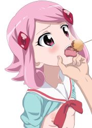 1girl blue_shirt blush clothes_lift disembodied_hand feeding flat_chest food force-feeding grabbing_another&#039;s_chin hair_ornament hairclip hand_on_another&#039;s_chin long_sleeves medium_hair nipples open_mouth pazudora pink_eyes pink_hair puzzle_&amp;_dragons sailor_collar saliva school_uniform shirt shirt_lift sincos solo_focus takoyaki tearing_up tears tongue tongue_out upper_body uzuki_sakura white_background white_sailor_collar rating:Questionable score:99 user:danbooru