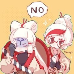  2girls black_gloves blush breasts closed_eyes eye_symbol eyeshadow facial_mark fingerless_gloves forehead_mark glasses gloves hair_bun hair_ornament hair_stick hat highres hyrule_warriors:_age_of_calamity impa long_hair makeup multiple_girls nintendo open_mouth pointy_ears purah red-framed_eyewear red_eyes red_eyeshadow round_eyewear sheikah short_hair tetsu00127275 the_legend_of_zelda the_legend_of_zelda:_breath_of_the_wild upper_body white_hair 