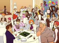  6+boys 6+girls anazawa_motoi atarashi_coco ayano_(ntwewy) backwards_hat balloon baseball_cap bito_daisukenojo bito_raimu board_game bottle bridal_veil cake cake_slice cellphone champagne_flute crosscounter cup double_face_punch dress drinking_glass eri_(twewy) everyone face_punch fighting flower food fork fuya_(ntwewy) glasses hanekoma_sanae hat headphones highres hishima_(ntwewy) in_the_face kaichi_susuki kaie_(ntwewy) kamachi_ayano kanon_(ntwewy) kariya_koki kawahara kawahara_fuuya kiryu_yoshiya kubo_(ntwewy) kubou_tanzou matsunae_tsugumi mikagi_hazuki minamimoto_sho misaki_shiki miyakaze_shiiba motoi_(ntwewy) multiple_boys multiple_girls nyantan ono_kaie phone plant plate plate_stack potted_plant punching reversi rose ryouji_(subaseka) sakazuki_hishima sakuraba_neku sakurane_shoka shiba_(ntwewy) shin_subarashiki_kono_sekai smartphone subarashiki_kono_sekai susukichi_(ntwewy) table tablecloth tachibana_kanon veil wedding wedding_cake wedding_dress white_flower white_headwear white_rose wine_bottle wine_glass yashiro_uzuki 
