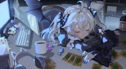  1girl absurdres ahoge animal_ear_headphones animal_ears bed bedroom blue_nails bookshelf bow braid candy character_doll closed_eyes commentary computer_keyboard computer_mouse cup demon_wings desk english_commentary fake_animal_ears fingernails floral_print food hair_bow head_rest headphones highres indie_virtual_youtuber indoors iwai_ku_tsuki juliet_sleeves light_particles long_fingernails long_sleeves monitor mug puffy_sleeves rina_lucsper rose_print second-party_source smile solo speaker stuffed_animal stuffed_cat stuffed_toy trading_card twintails unworn_headphones virtual_youtuber white_bow white_hair wings wrapped_candy yu-gi-oh! 
