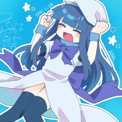 2girls :d =_= \m/ ^_^ adjusting_clothes adjusting_headwear armband artist_name back_bow beret black_thighhighs blue_background blue_hair blunt_bangs blush blush_stickers bow bowtie chibi chibi_inset closed_eyes commentary_request cosplay dated dress dutch_angle feet_out_of_frame floral_background flower_symbol furude_rika good_kneehighs_day halftone hands_up hat heart heart_in_mouth highres higurashi_no_naku_koro_ni knees_together_feet_apart long_hair momotarekawa multiple_girls open_mouth outline own_hands_clasped own_hands_together puffy_short_sleeves puffy_sleeves purple_bow purple_bowtie ryuuguu_rena ryuuguu_rena_(cosplay) short_sleeves sidelocks signature smile thighhighs white_dress white_headwear white_outline rating:Sensitive score:5 user:danbooru