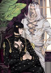  2boys absurdres bare_pectorals black_hair bob_cut bruno_bucciarati danggo99 formal_clothes highres jojo_no_kimyou_na_bouken leone_abbacchio long_hair long_sleeves multiple_boys pectorals purple_lips sitting suit white_hair zipper zipper_pull_tab 