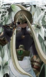  1girl 1other black_bodysuit bodysuit bug butterfly cowboy_shot dark_skin helmet highres insect mega_man_(series) mega_man_battle_network_(series) nemui_uuuuuu pants serenade_(mega_man) solo white_pants yellow_helmet 