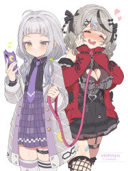  2girls ahoge animal_collar arched_bangs artist_name asymmetrical_legwear bandaid bandaid_hair_ornament bandaid_on_thigh belt black_bow black_hair black_ribbon black_shirt black_skirt blush bow braid breast_pocket breasts buttons cellphone center_frills checkered_clothes checkered_skirt cleavage_cutout clothing_cutout coat collar collared_shirt cowboy_shot crossed_bandaids dress_shirt drill_hair drooling eighth_note expressionless female_pervert fingernails fishnet_thighhighs fishnets frilled_skirt frilled_thighhighs frills frown garter_straps gauze gauze_on_leg grey_coat grey_hair hair_bow hair_ornament hair_ribbon hands_on_own_cheeks hands_on_own_face happy heart heart_cutout heart_o-ring high-waist_skirt highres holding holding_leash holding_phone hololive jacket layered_skirt leash long_hair long_sleeves looking_at_phone lovestruck low_neckline low_twintails mismatched_legwear mouth_drool multicolored_hair multiple_girls multiple_hair_bows murasaki_shion murasaki_shion_(school_uniform) musical_note nail_polish necktie nose_blush o-ring off_shoulder official_alternate_costume official_alternate_hairstyle open_clothes open_coat open_jacket pervert pet_play phone pink_collar pleated_skirt pocket purple_nails purple_necktie purple_skirt red_jacket ribbon sakamata_chloe sakamata_chloe_(jirai_kei) see-through_clothes shirt side_braid simple_background skirt sleeves_past_wrists smartphone smartphone_case star_(symbol) star_hair_ornament streaked_hair thigh_belt thigh_strap thighhighs twin_drills twintails twitter_username two-tone_hair vinhnyu virtual_youtuber white_background white_hair white_thighhighs wing_collar x_hair_ornament yellow_eyes yuri zettai_ryouiki 