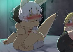  1boy 2girls animal_ears ass blonde_hair blush body_fur dagasi furry furry_female furry_with_non-furry green_eyes hetero highres indoors interspecies kodomo_doushi loli looking_at_another made_in_abyss multiple_girls nanachi_(made_in_abyss) reg_(made_in_abyss) riko_(made_in_abyss) sex shota straddling uncensored upright_straddle  rating:Explicit score:24 user:danbooru