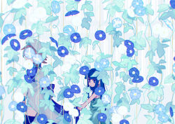 2girls absurdres arms_at_sides beret black_legwear blue_eyes blue_flower blue_hair blunt_bangs bright_pupils brown_hair child closed_mouth commentary_request covered_face dress film_grain flower from_side furude_rika green_dress green_ribbon hat highres higurashi_no_naku_koro_ni leaf long_hair looking_at_viewer looking_to_the_side medium_hair momotarekawa morning_glory multiple_girls plant puffy_short_sleeves puffy_sleeves ribbon ryuuguu_rena short_sleeves sidelocks sleeveless sleeveless_dress spaghetti_strap sundress thighhighs tug vines walking white_background white_dress white_flower white_headwear white_pupils rating:General score:1 user:danbooru