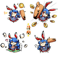  1girl ;3 ;d =_= animal_ears blue_dress blue_hair bowl character_name chibi chopsticks commentary_request crescent_print dress eating food full_body heart holding holding_bowl holding_chopsticks holding_mallet kashuu_(b-q) long_hair looking_at_viewer mallet mochi moon multiple_views one_eye_closed open_mouth pantyhose puff_of_air rabbit_ears red_eyes seiran_(touhou) simple_background smile star_(symbol) star_print striped_clothes striped_pantyhose touhou vertical-striped_clothes vertical-striped_pantyhose white_background 