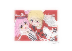  1boy 1girl ahoge alternate_costume apron blonde_hair border buttons capelet center_frills checkered_apron checkered_clothes club_(shape) collared_shirt diamond_brooch dot_nose dress drill_hair eyelashes eyes_visible_through_hair flower frilled_hairband frilled_hat frilled_sleeves frills gold_necklace gown hair_between_eyes hairband happy hat hat_flower heart high_collar hinamori_amu hotori_tadase humpty_lock_(shugo_chara!) jewelry light_blush lolita_fashion lolita_hairband long_sleeves medium_hair mini_hat mini_top_hat necklace open_mouth outstretched_arms pink_eyes pink_hair red_brooch red_capelet red_dress red_flower red_hairband red_hat red_rose rose serizawa_serizane shirt shugo_chara! smile spade_(shape) striped_clothes striped_dress top_hat translation_request twin_drills twitter_username two_side_up upper_body vertical-striped_clothes vertical-striped_dress waist_apron watermark white_apron white_border white_shirt x_hat_ornament yellow_eyes 